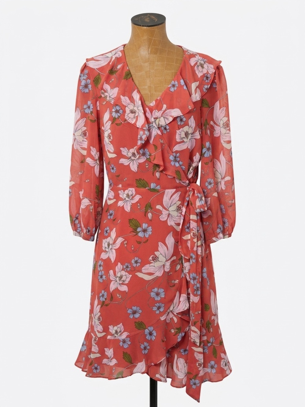 Donna Morgan Red Floral Ruffle Wrap Midi